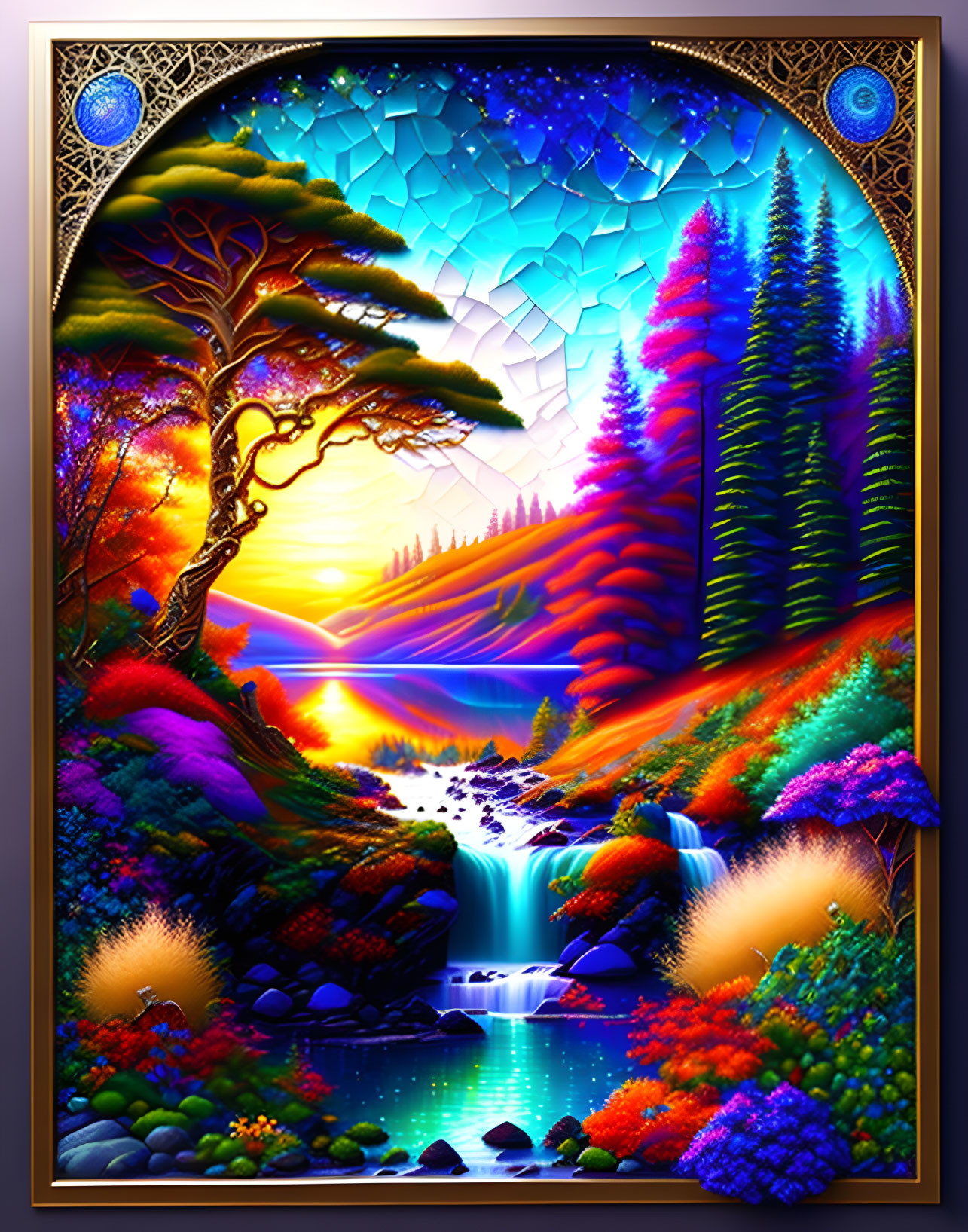 Colorful tree, cascading waterfall, mosaic sky: surreal landscape art.