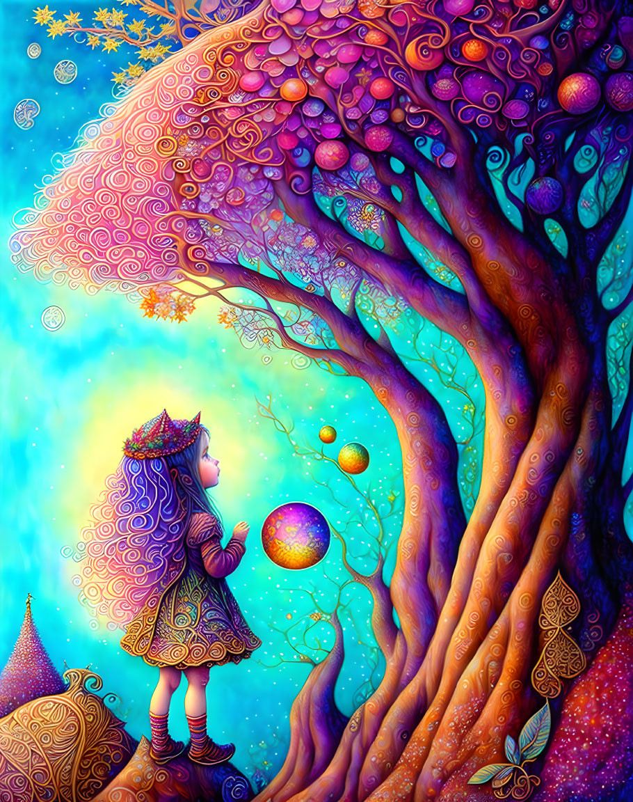 Child in hat gazes at levitating orbs under vibrant tree - whimsical artwork