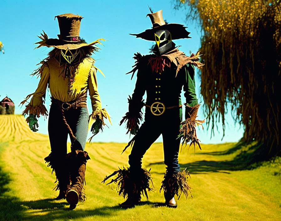 Colorful scarecrows walking in field under blue sky