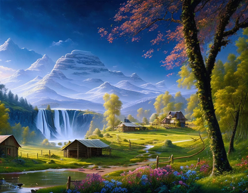 Scenic landscape with waterfall, mountains, cabins, and autumn trees