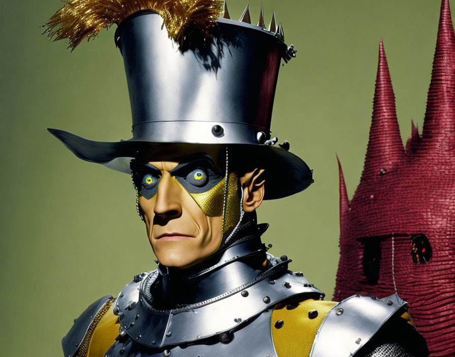 Elaborate metallic armored costume with high-crowned hat and red pointed figure