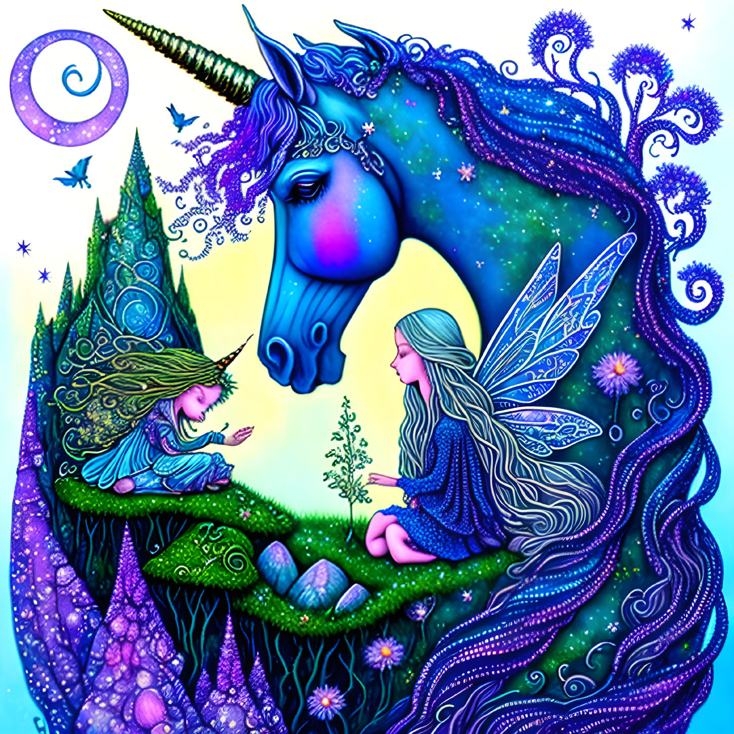 Fantasy illustration with unicorn, fairies, and magical plants