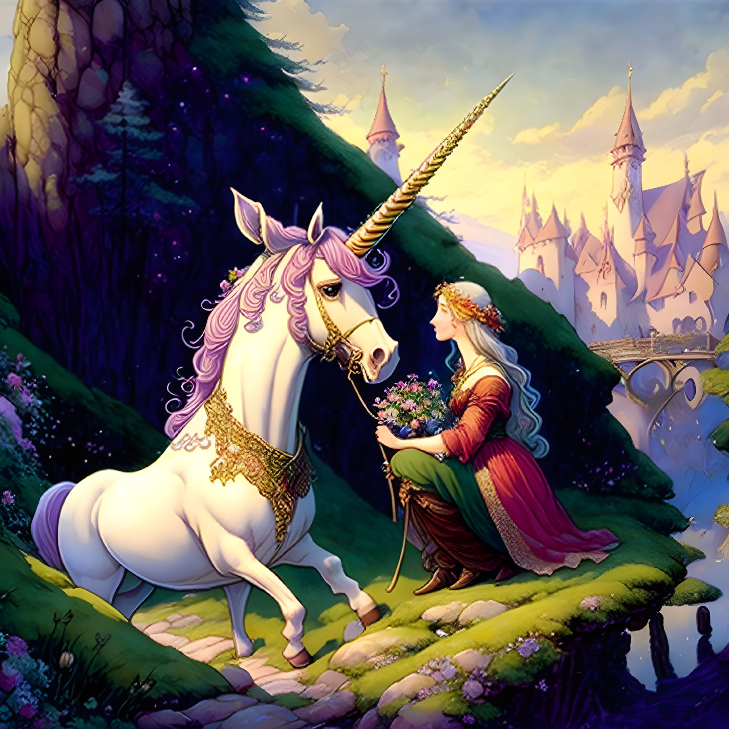 Mythical unicorn with golden mane beside princess and castle in twilight