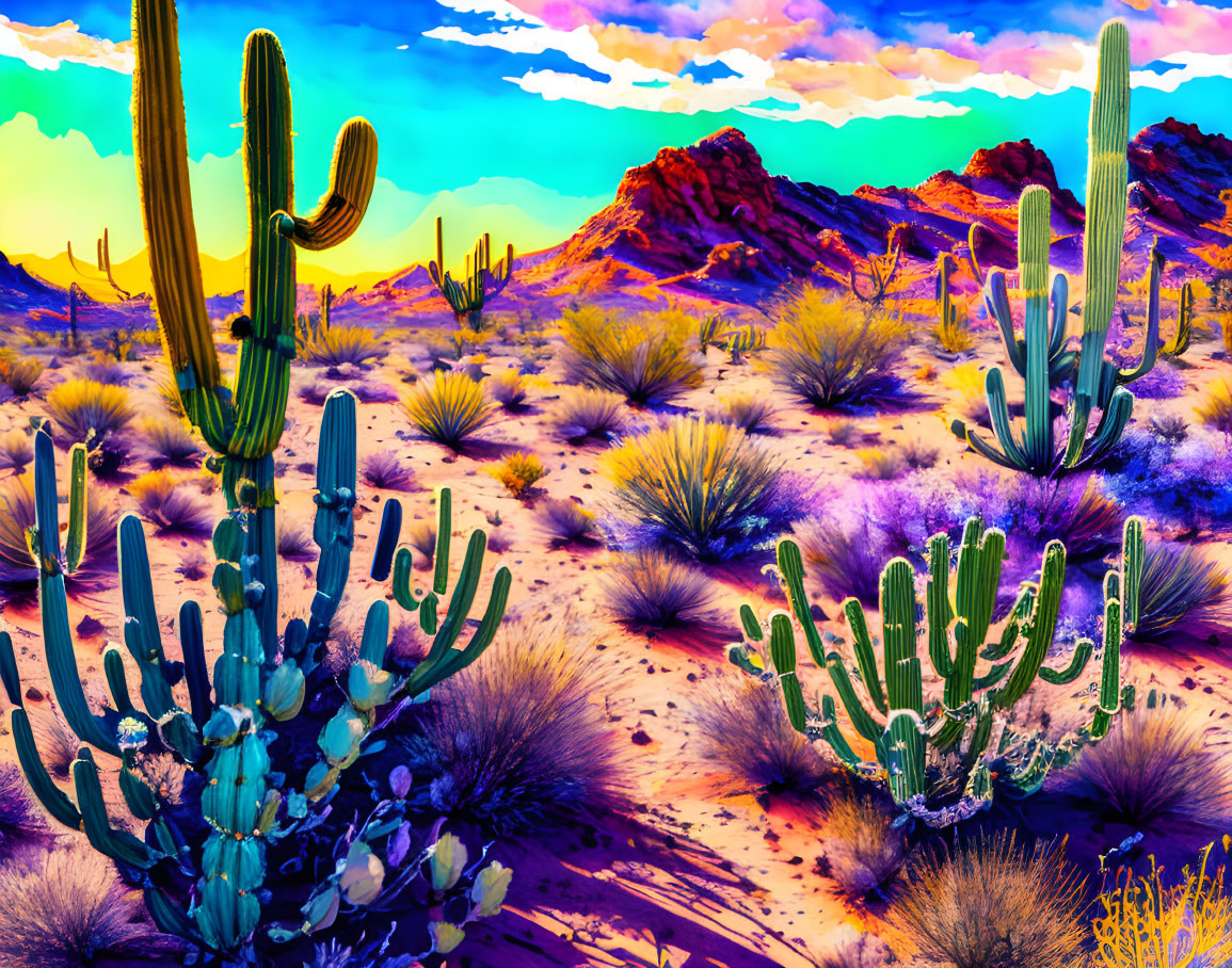 Vibrant desert landscape with saguaro cacti and rocky terrain under clear blue sky