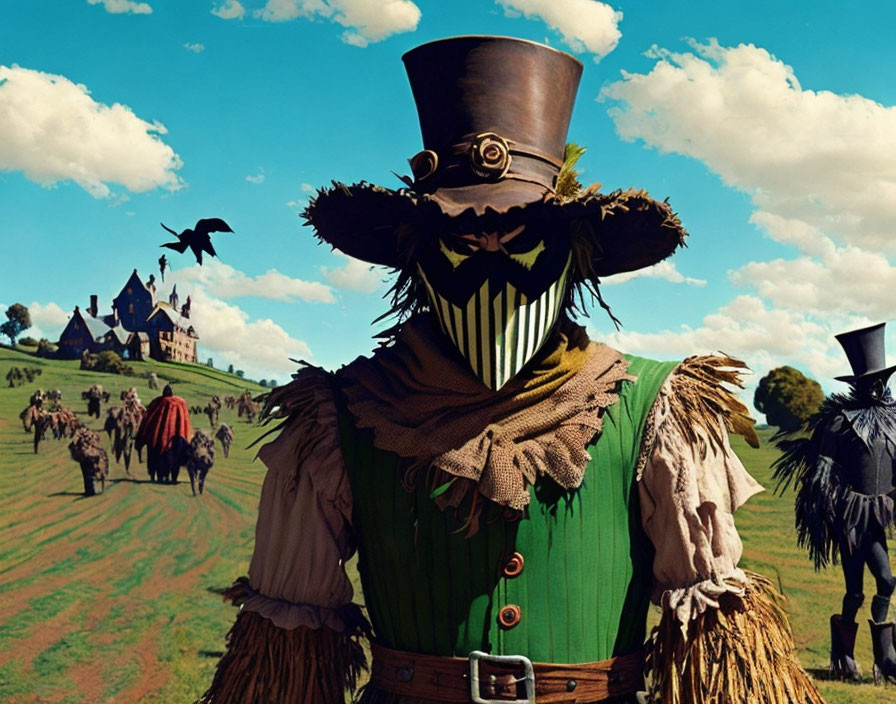 Colorful scarecrow costume in field under blue sky