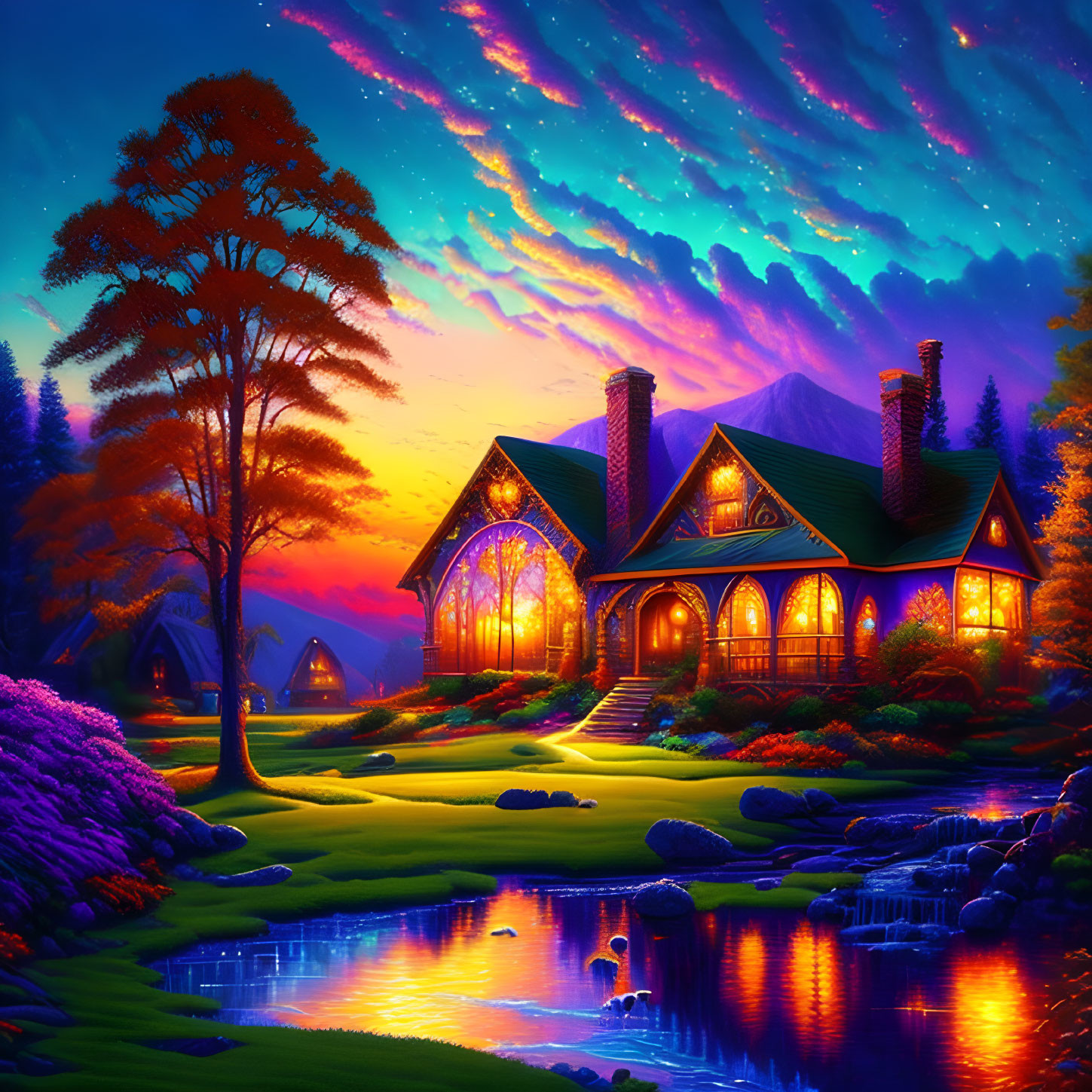 Fantasy-style image: Cozy cottage by tranquil pond, lush nature, aurora-lit sky