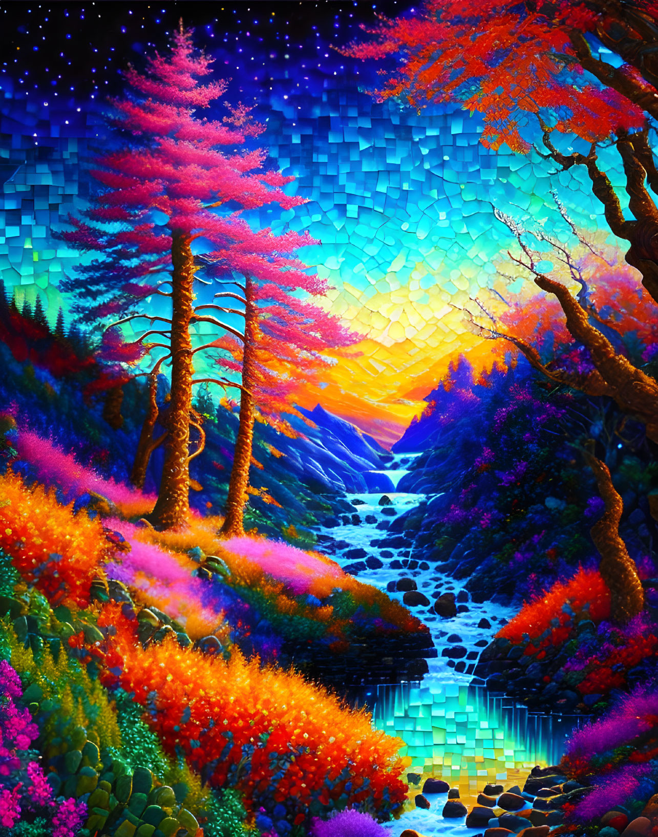 Colorful landscape with neon trees, river, and starry sky at dusk.