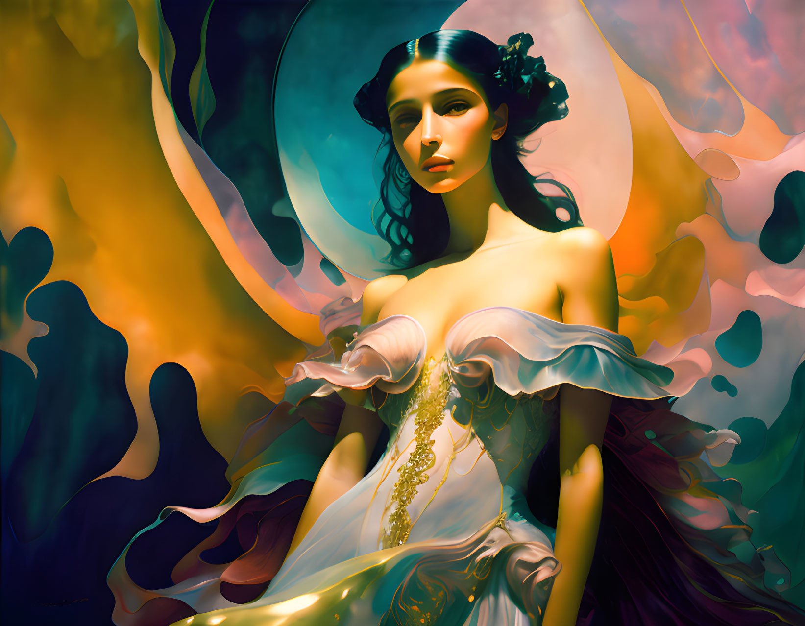 Surreal woman with ethereal glow amid vibrant abstract shapes