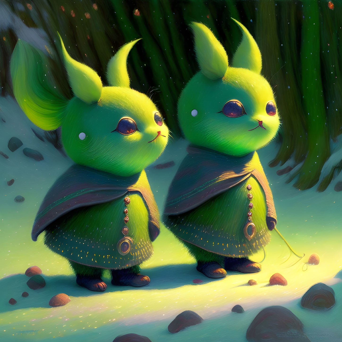 Whimsical green creatures with large ears in sunlit forest