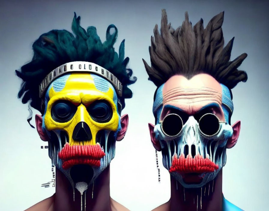 Colorful tribal mask-inspired face paint on two individuals against light backdrop