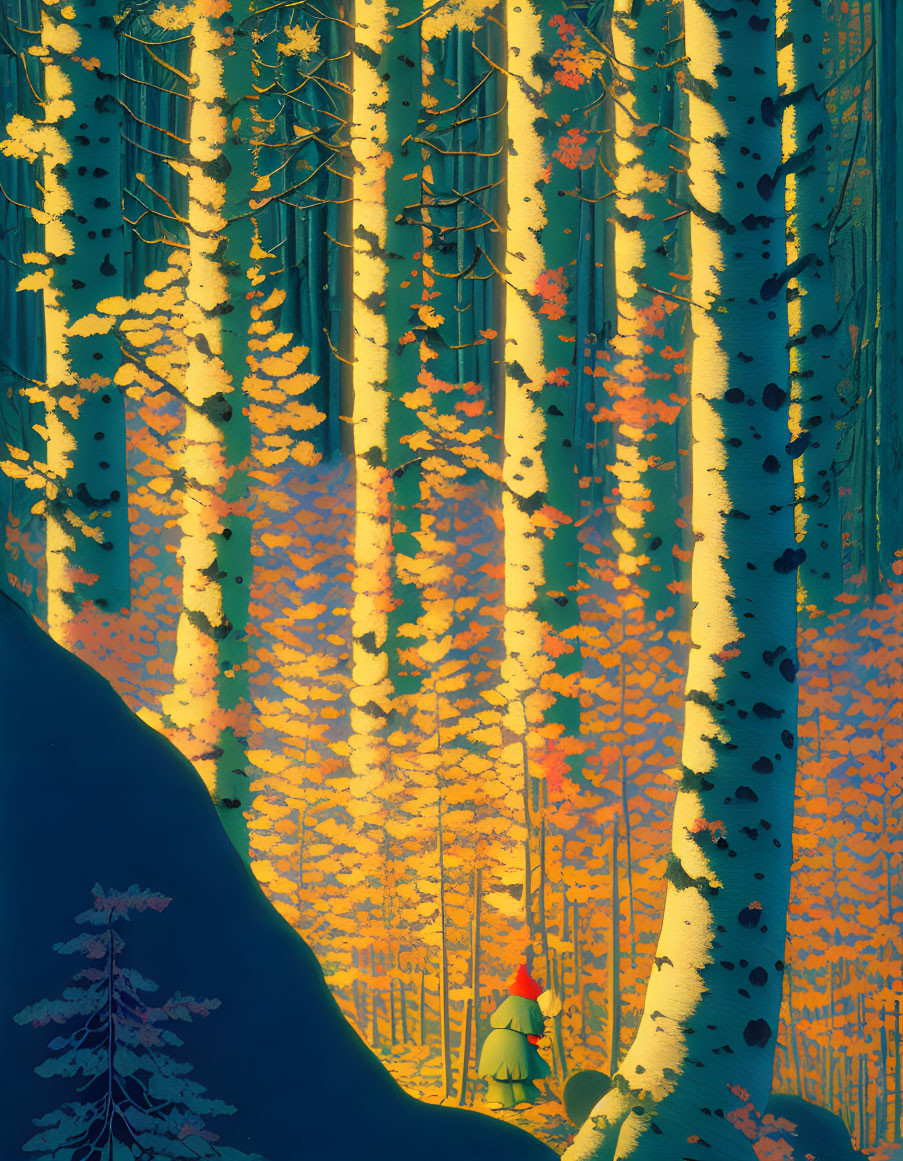 Autumnal forest illustration with golden foliage and figure in red cloak