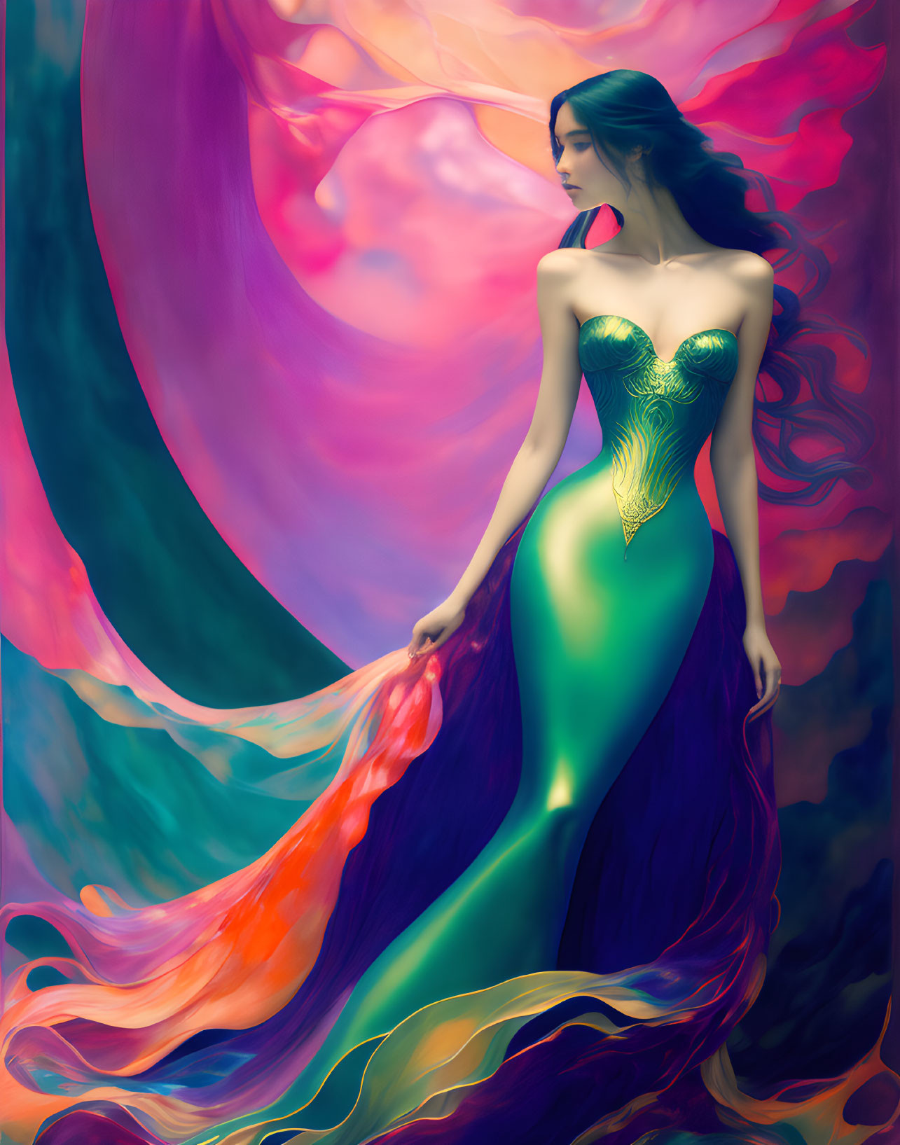 Ethereal woman in vibrant mermaid dress surrounded by colorful mist