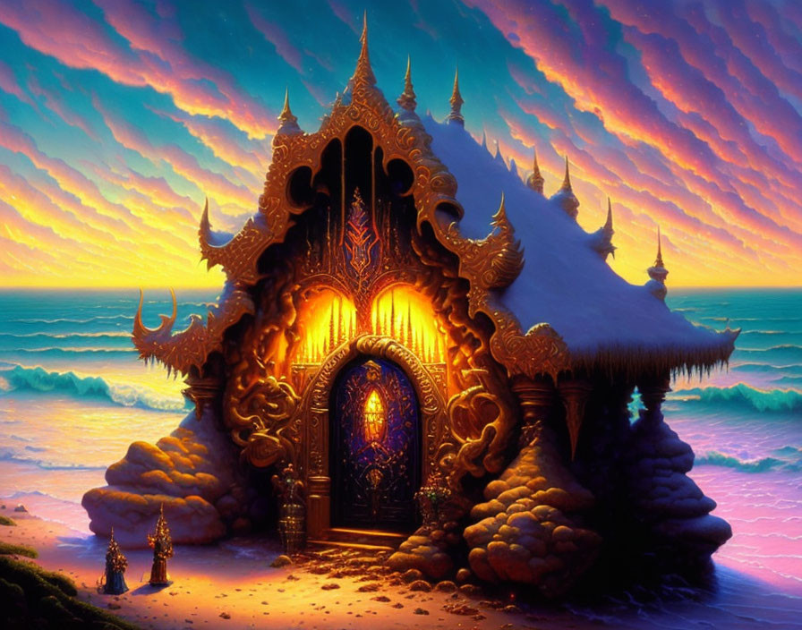 Intricate Fantasy Temple at Sunset by the Sea