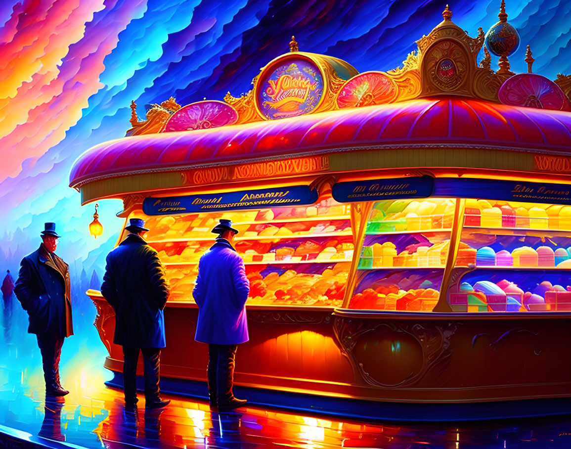 Colorful bakery scene with three people under vibrant sky