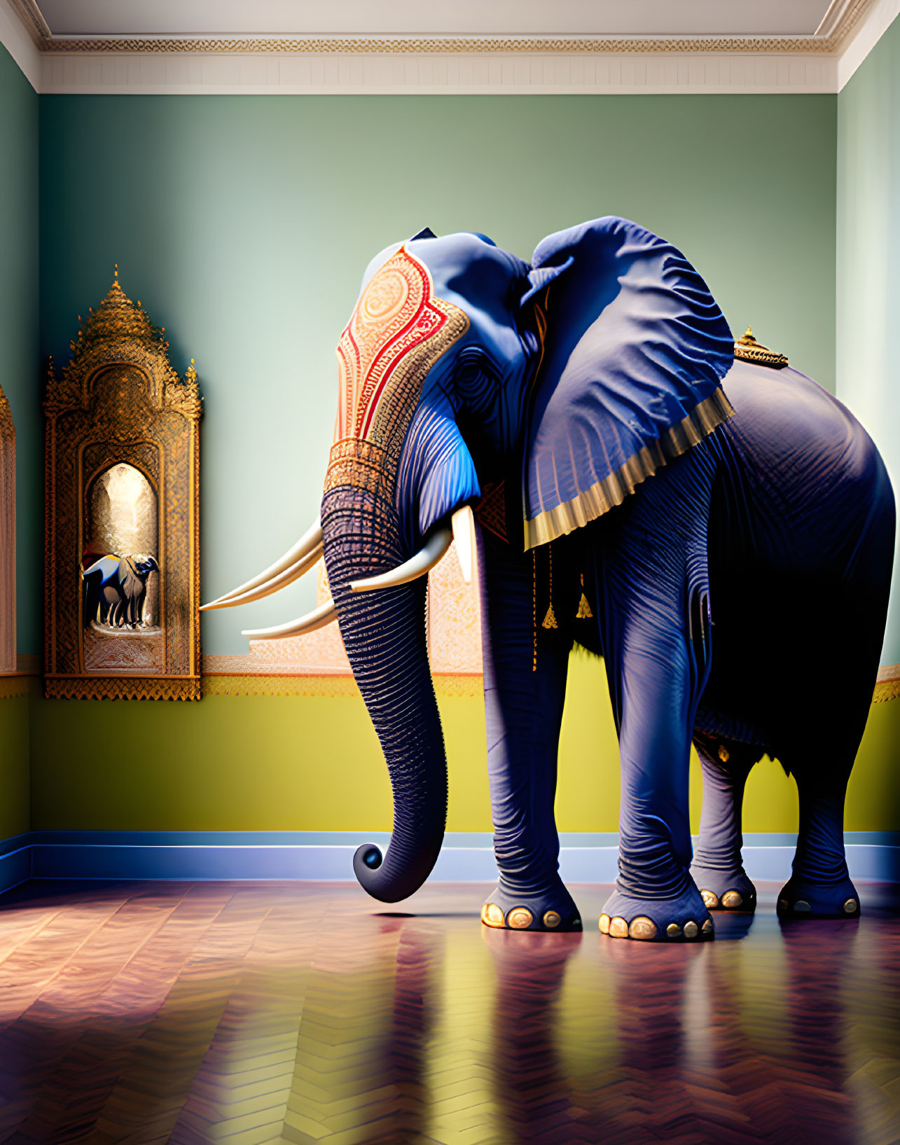 Regal elephant in ornate teal and gold room