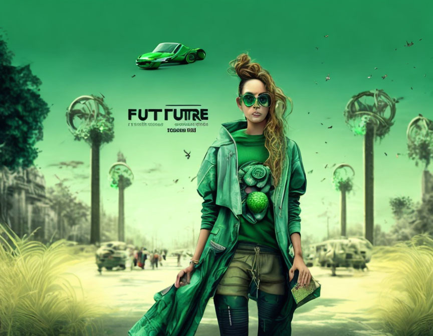 Fashionable woman in green attire in futuristic cityscape