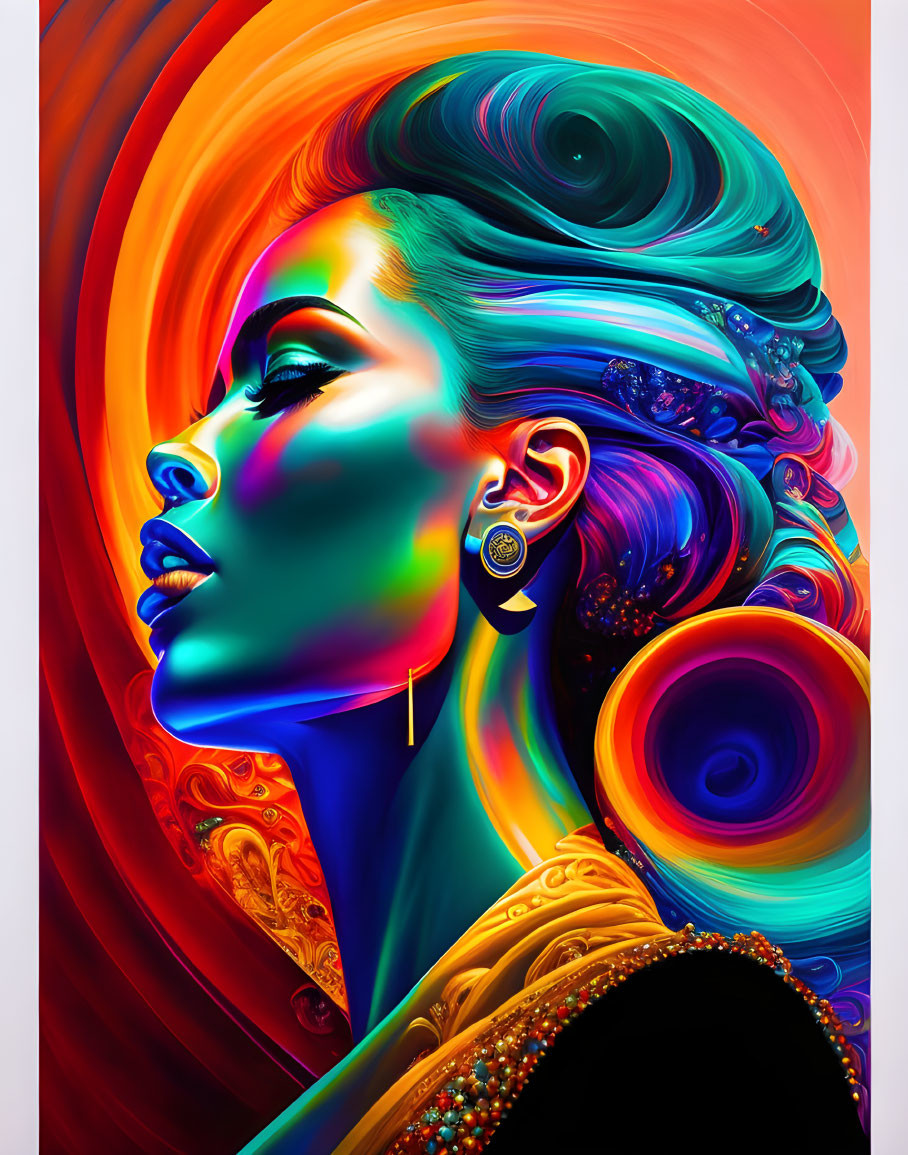 Colorful digital artwork: Woman with swirling patterns and gradients in vibrant oranges, reds, blues,