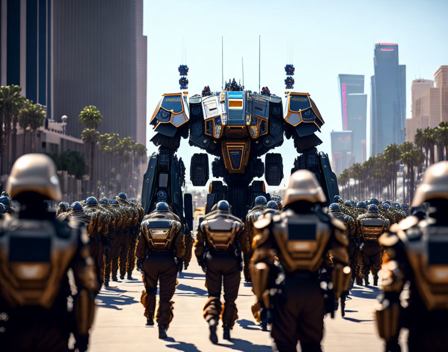 Army of robots and large mech lead human-like drones in futuristic city scene