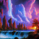 Majestic landscape with waterfall, towering rocks, and purple lightning.