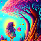 Child in hat gazes at levitating orbs under vibrant tree - whimsical artwork