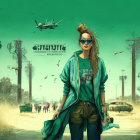 Fashionable woman in green attire in futuristic cityscape