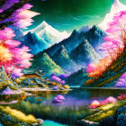 Mystical landscape with pink foliage, tranquil lake, snowy mountains, green sky