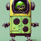 Vintage-Style Robot with TV Head and Alien Face on Yellow Body