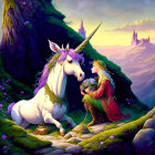 Mythical unicorn with golden mane beside princess and castle in twilight