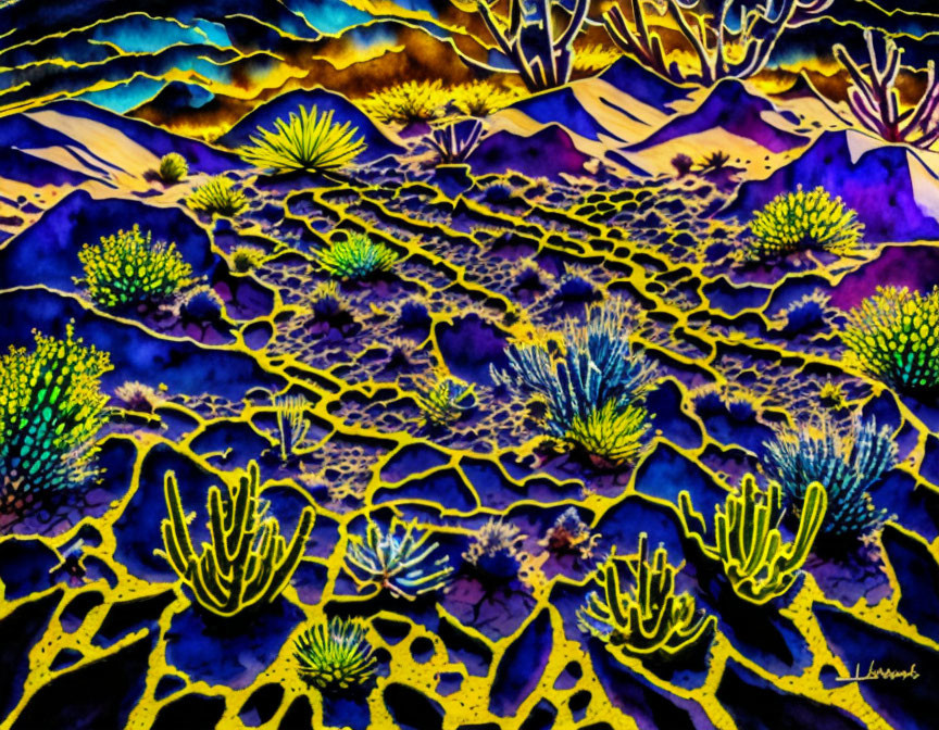 Colorful Psychedelic Desert Landscape with Stylized Plant Life