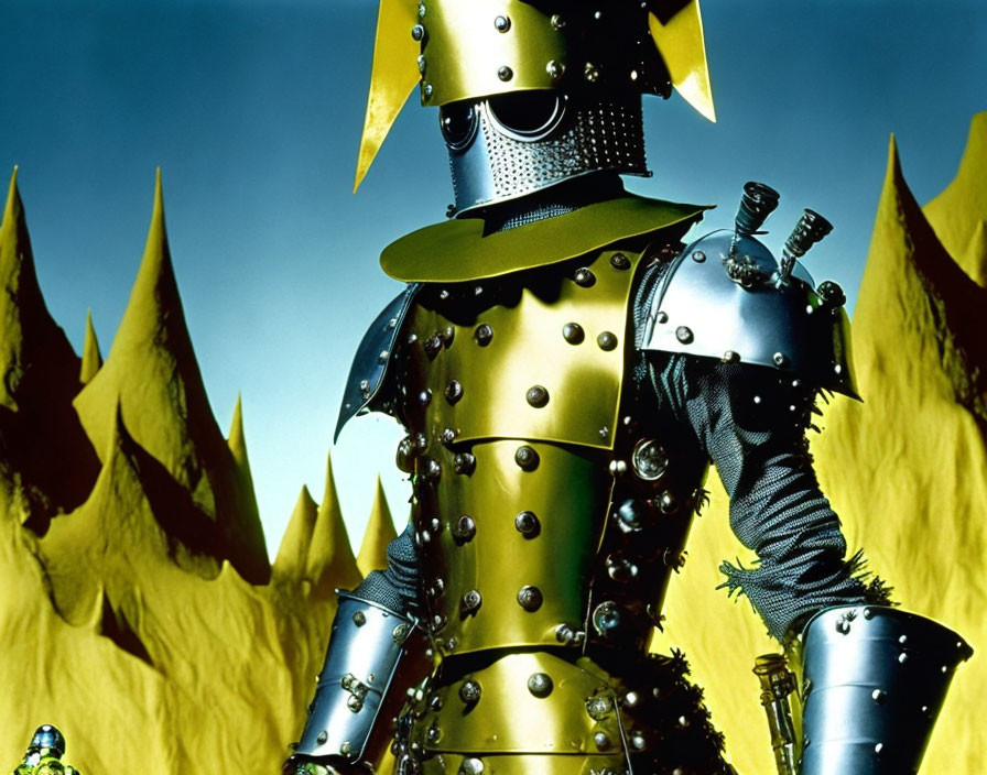 Shiny metallic knight's armor in front of yellow mountain-like shapes