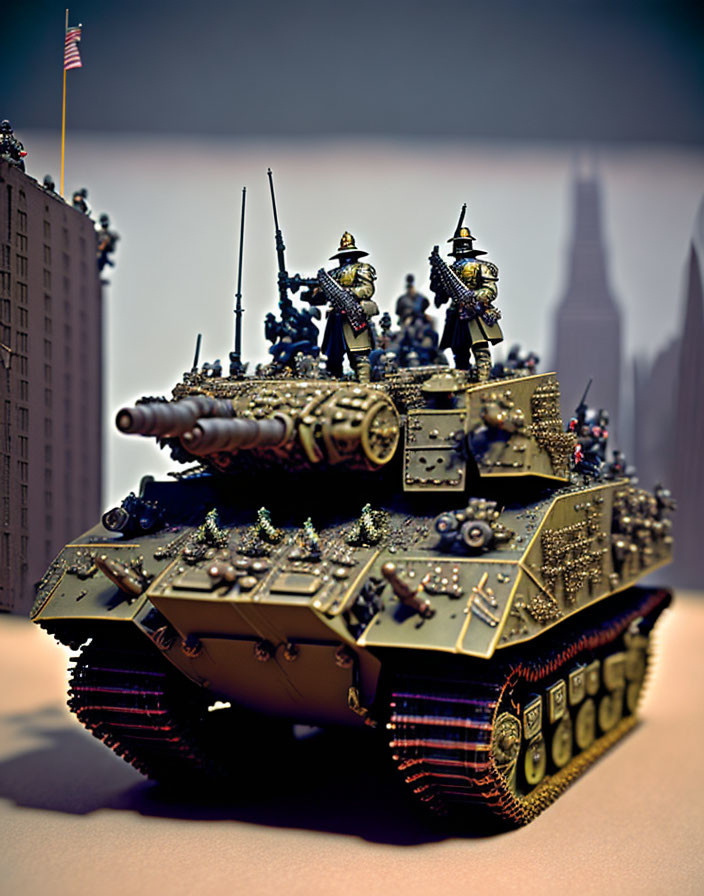 Miniature soldiers on tank in urban fantasy scene