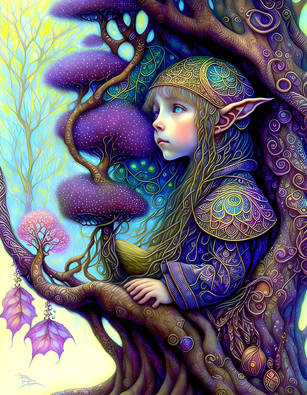 Fantasy elf child illustration with glowing mushrooms and whimsical details