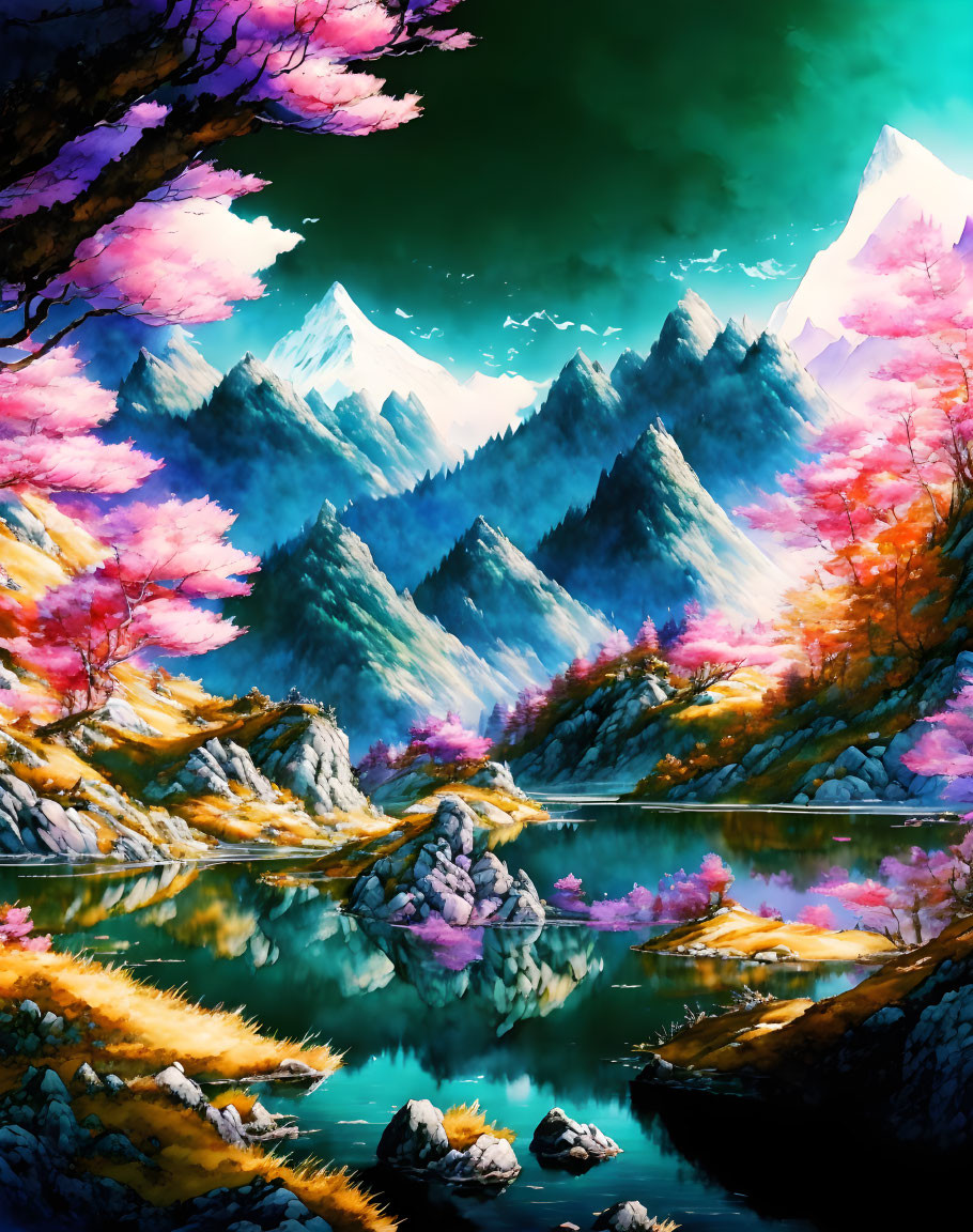 Mystical landscape with pink foliage, tranquil lake, snowy mountains, green sky