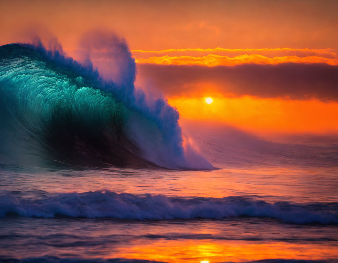 Vibrant sunset over large cresting wave in orange sky