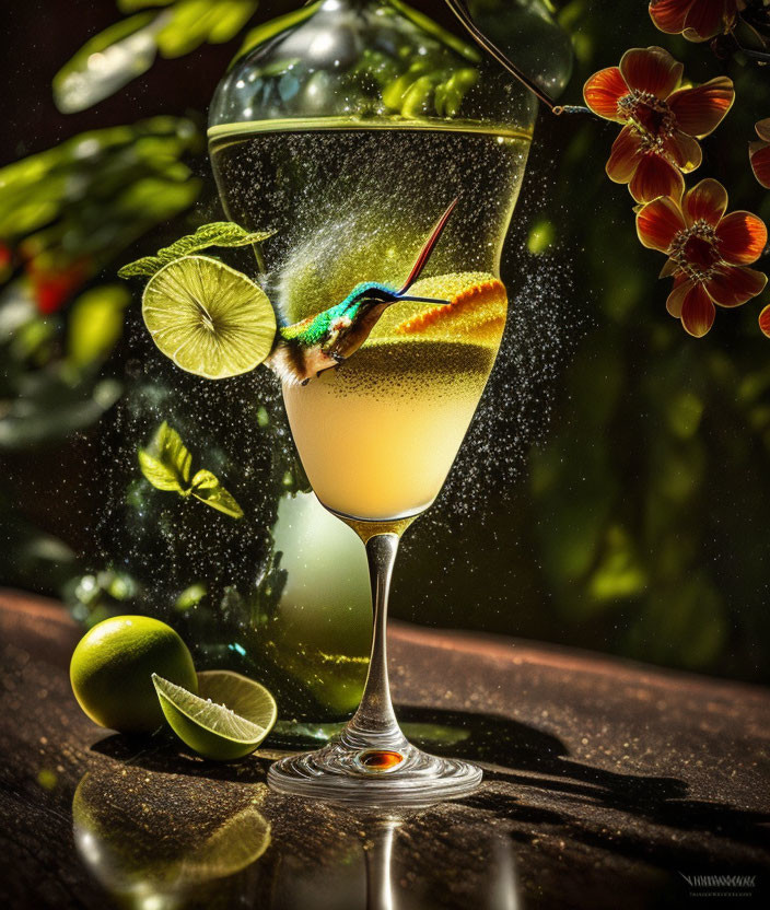 Hummingbird flying by cocktail glass with splashing liquid, lime, and floral backdrop