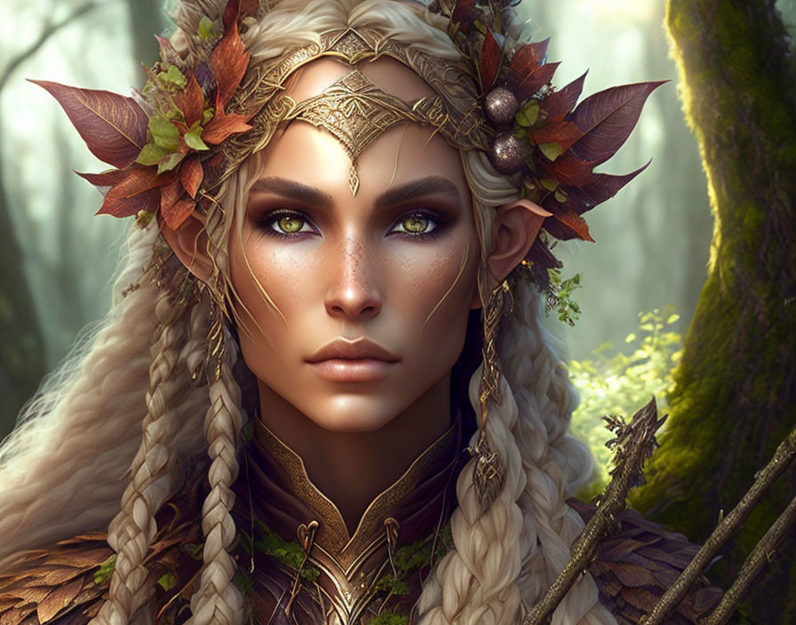 Fantasy elf with green eyes, leaf crown, and braided white hair in forest scene