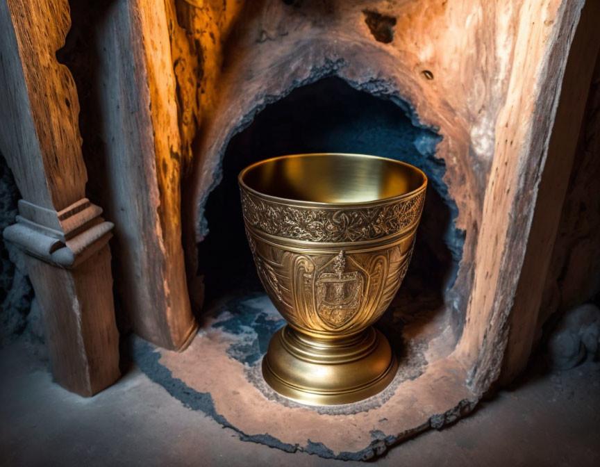 Golden chalice in soft light next to hollowed-out tree trunk in dark cave.