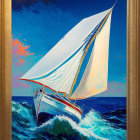 Colorful Sailboat Painting with Golden Frame on Blue Seas