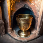 Golden chalice in soft light next to hollowed-out tree trunk in dark cave.