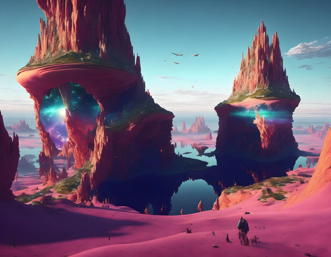 Surreal landscape with glowing portals, pink sand, reflective water, and distant figure