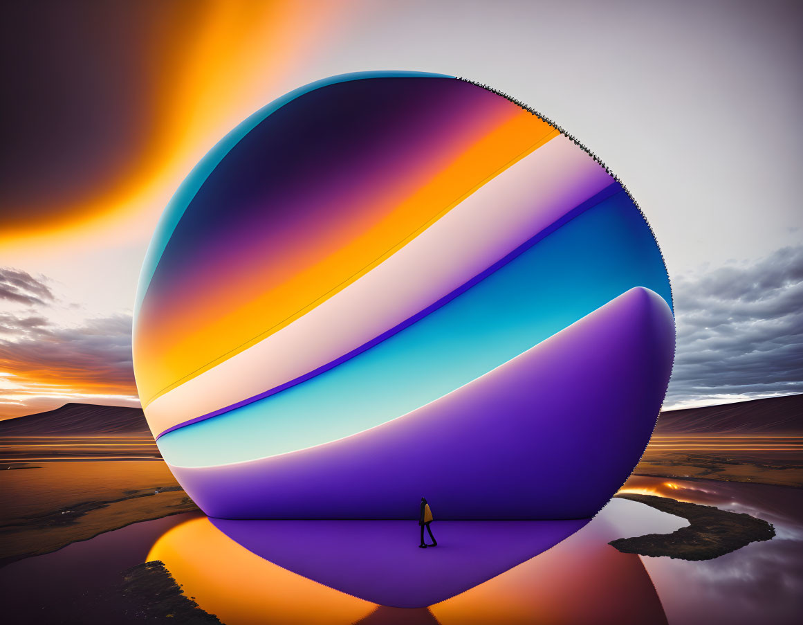 Colorful sliced sphere reflected in water under dramatic sunset sky