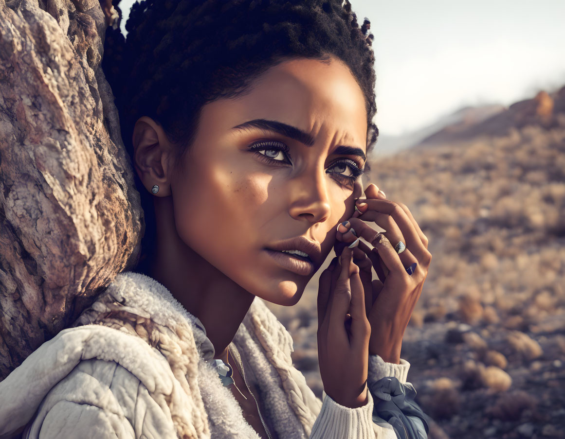 Woman in white fur coat with braided hair contemplating outdoors