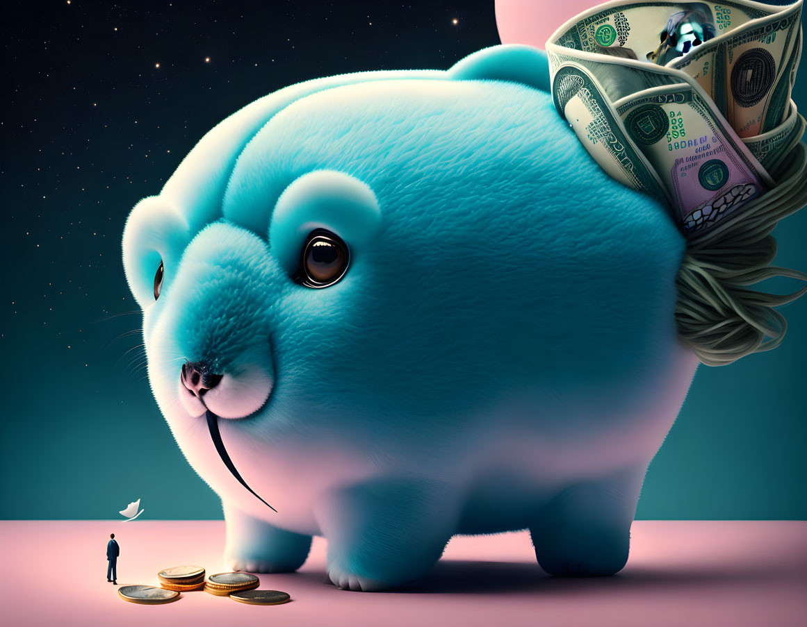 Whimsical giant blue piggy bank illustration with humanoid face and dollar bills.