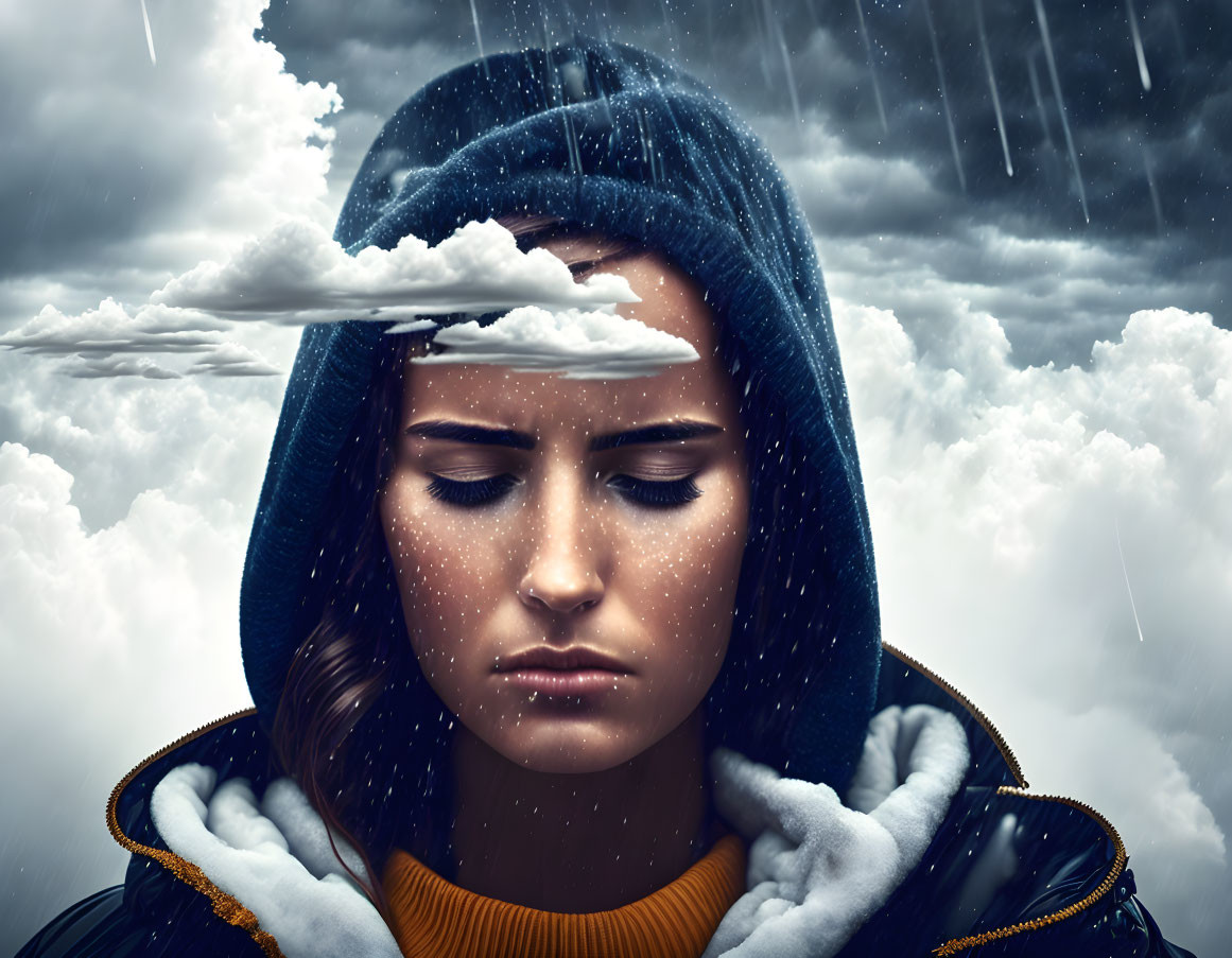 Digital artwork: Woman with cloud and snow on head, hooded coat, thoughtful expression, stormy