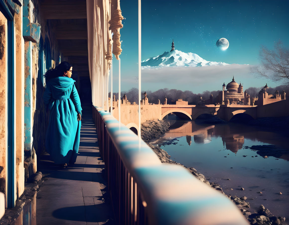 Person in Blue Coat Walking in Vintage Arcade Overlooking River and Moonlit Cityscape