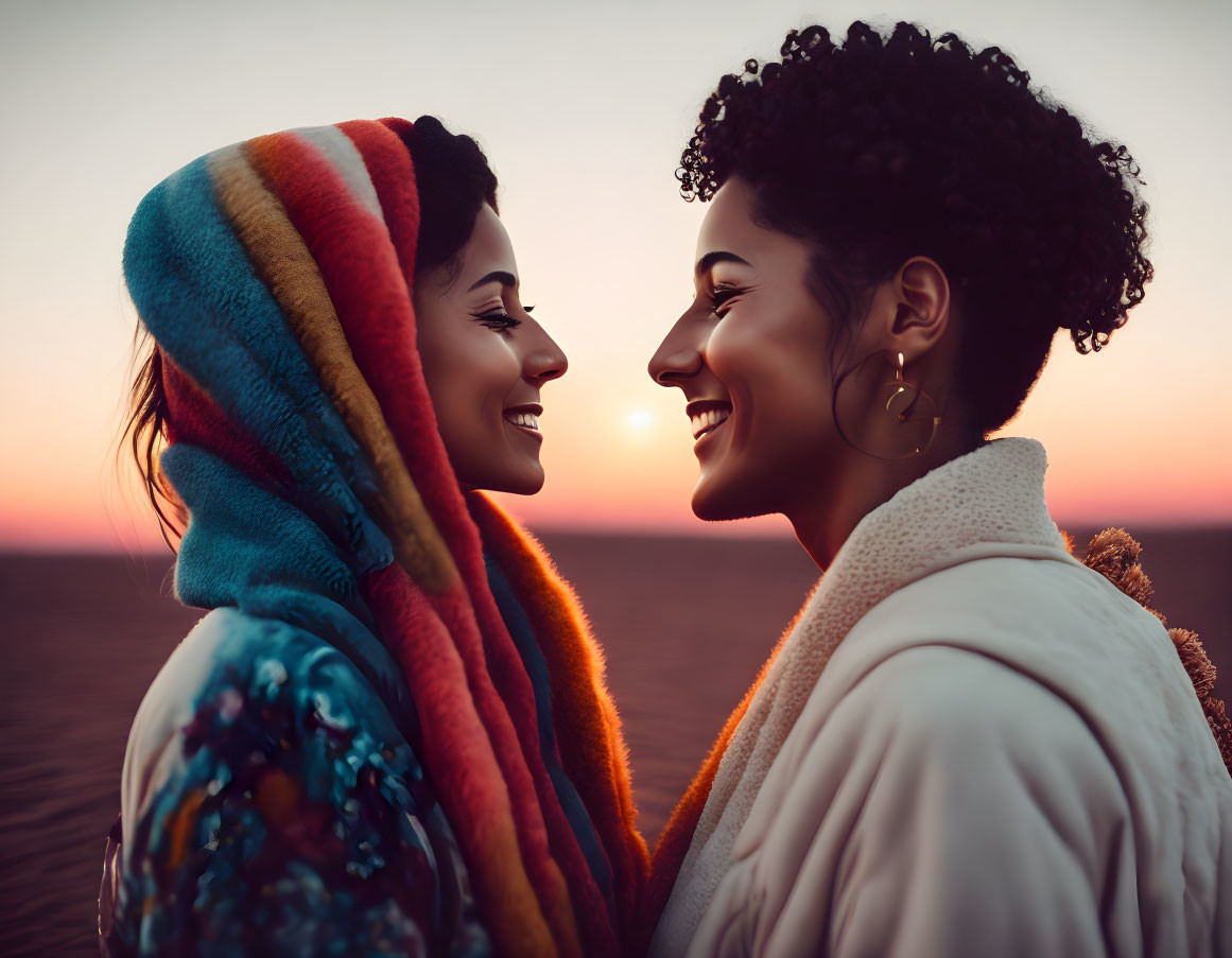 Two women smiling with colorful scarf outdoors at sunset