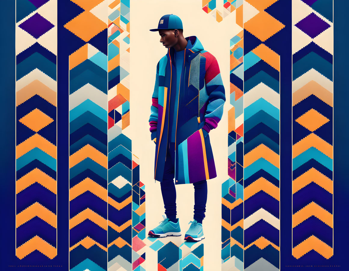 Colorful Person in Patterned Coat and Cap Against Geometric Background Holding Cane