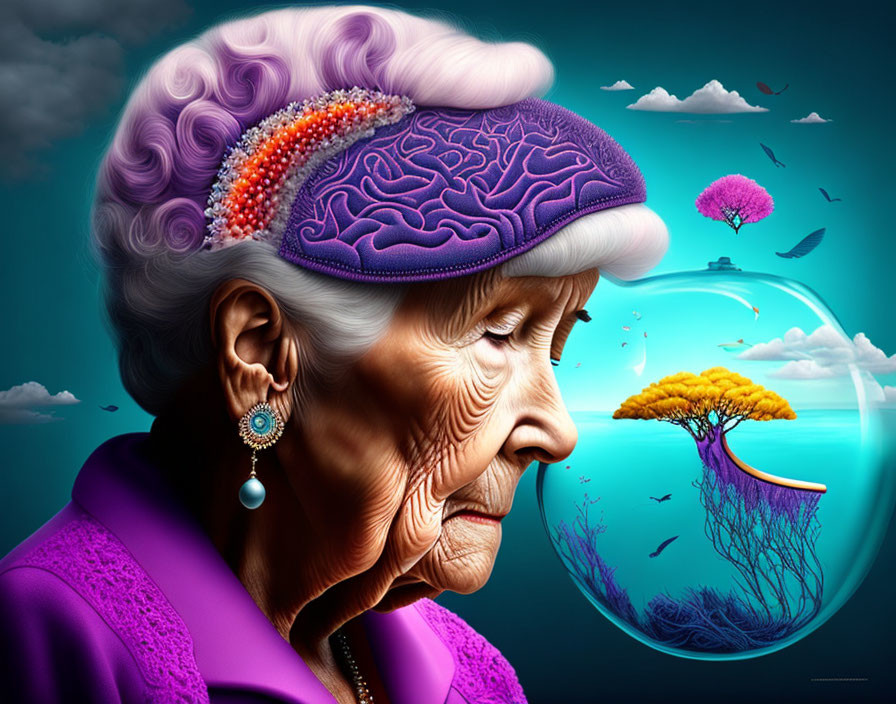 Elderly woman with transparent brain in surreal setting