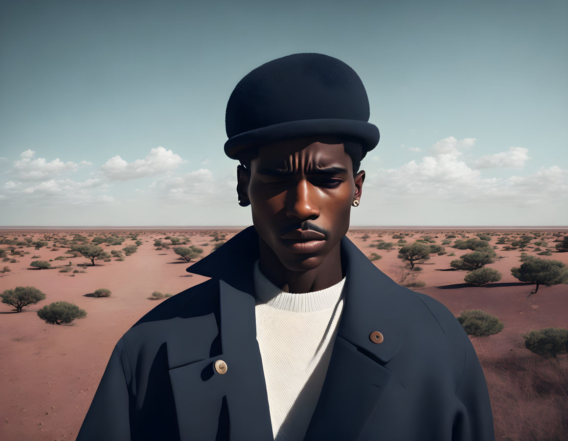 Digital portrait of a man in a beret and coat in desert landscape.