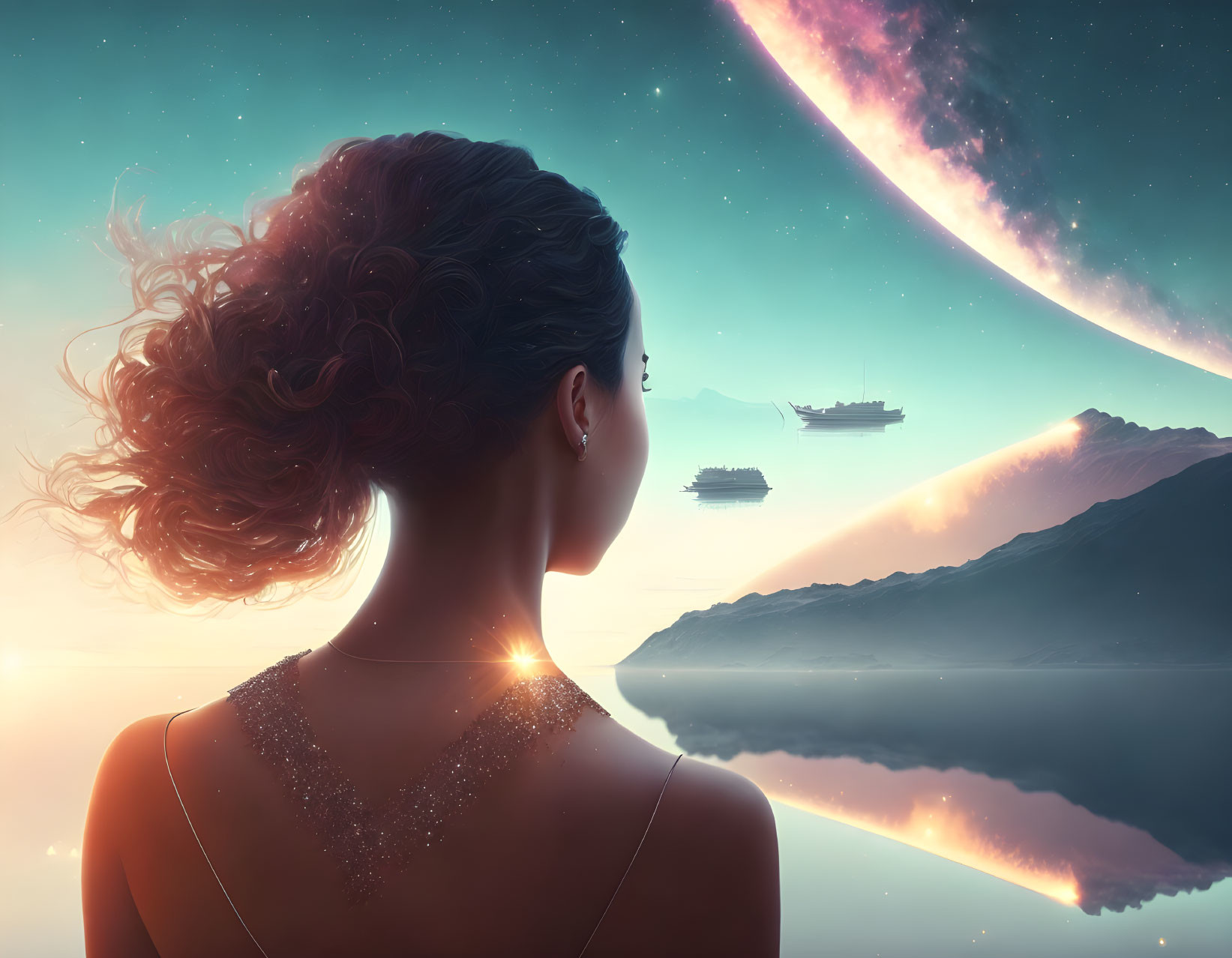 Woman observing serene landscape with floating islands, spaceships, and cosmic sunset.